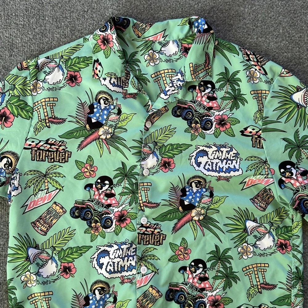 Mountain Dew Baja Blast Shirt Mens Medium Green Hawaiian Graphic Button Up Aloha